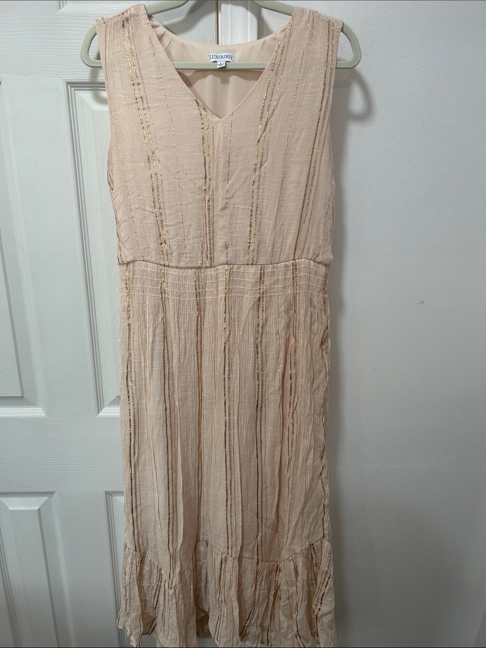 Luxology Blush Cream V-Neck Maxi Dress with Metallic Accents